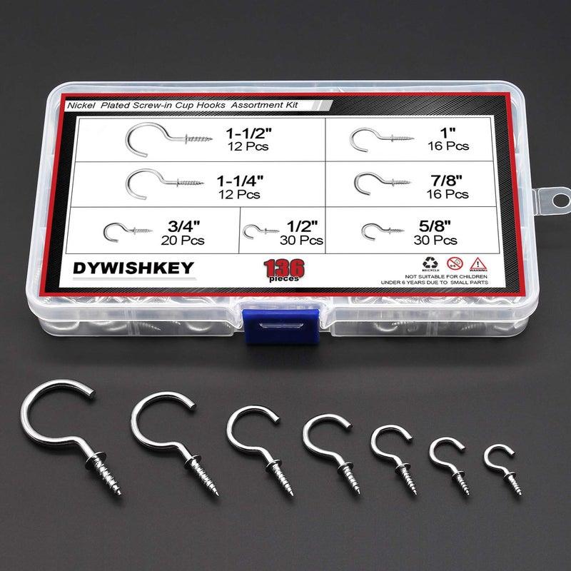 DYWISHKEY 136PCS Nickel Plated Screw-in Cup Hooks Kit - 7 Sizes for Home, Office and Workplace (1/2", 5/8", 3/4", 7/8", 1", 1-1/4", 1-1/2") - Image 2